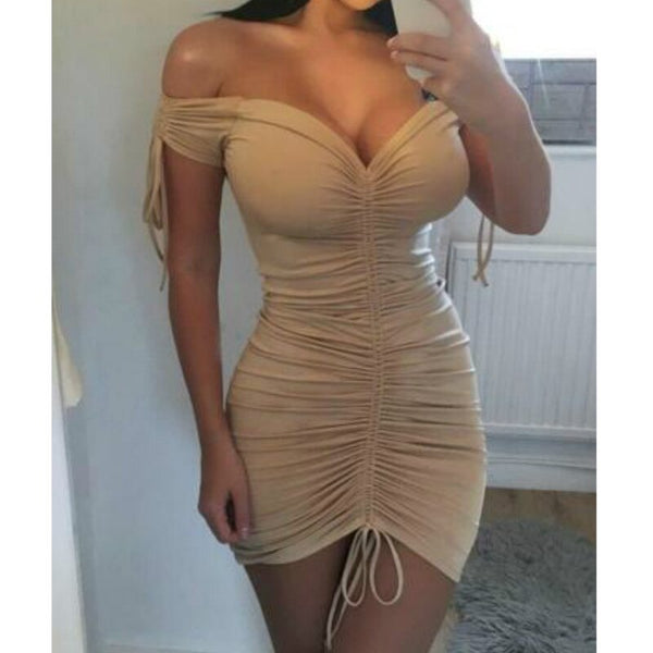 Women's Shoulder Detail Fitted Dress Short Sleeve Drawstring Solid Dress