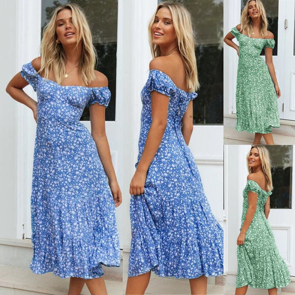 Women Off Shoulder Floral Print Boho Midi Dress Women Beach Summer Dresses Ladies Strapless Long Maxi Dress Vestidos Female