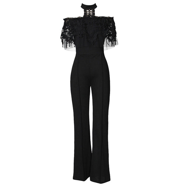 Women Off Shoulder Jumpsuit Crotchet Lace Rompers Sexy Halter Neck Wide Leg Pants Elegant Long Overalls Female Bodysuit Playsuit