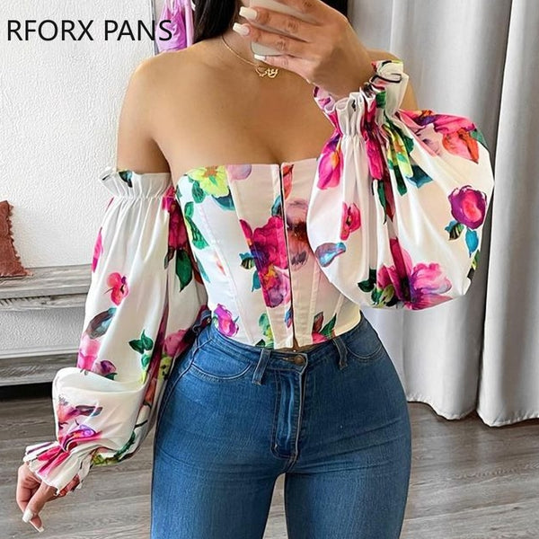 Women Off Shoulder Lantern Sleeve Floral Print Top for Women Top 2023