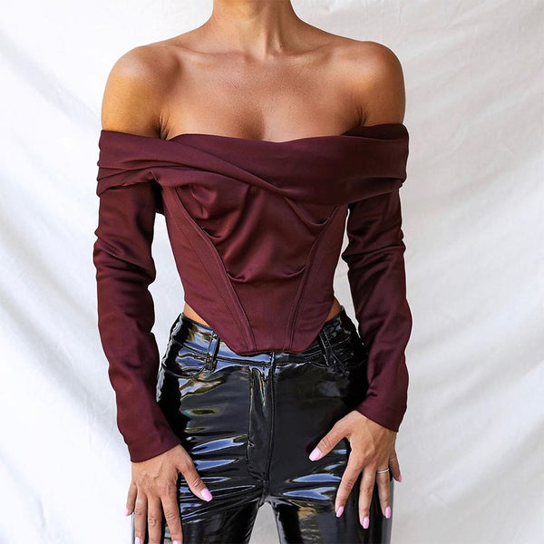 Women Off Shoulder Satin Corset Tops Long Sleeve Slash Neck Blouses  Wine Red Elegant Shirts Sexy Backless Top Cropped Shirts