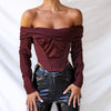 Women Off Shoulder Satin Corset Tops Long Sleeve Slash Neck Blouses  Wine Red Elegant Shirts Sexy Backless Top Cropped Shirts