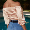 Women Off Shoulder Satin Silk Blouses Bandage Bowknot Shirts Long Sleeve Crop Top Lantern Sleeve Summer Tops One Size 4Colors