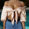 Women Off Shoulder Satin Silk Blouses Bandage Bowknot Shirts Long Sleeve Crop Top Lantern Sleeve Summer Tops One Size 4Colors
