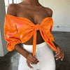 Women Off Shoulder Satin Silk Blouses Bandage Bowknot Shirts Long Sleeve Crop Top Lantern Sleeve Summer Tops One Size 4Colors