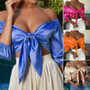 Women Off Shoulder Satin Silk Blouses Bandage Bowknot Shirts Long Sleeve Crop Top Lantern Sleeve Summer Tops One Size 4Colors