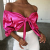 Women Off Shoulder Satin Silk Blouses Bandage Bowknot Shirts Long Sleeve Crop Top Lantern Sleeve Summer Tops One Size 4Colors