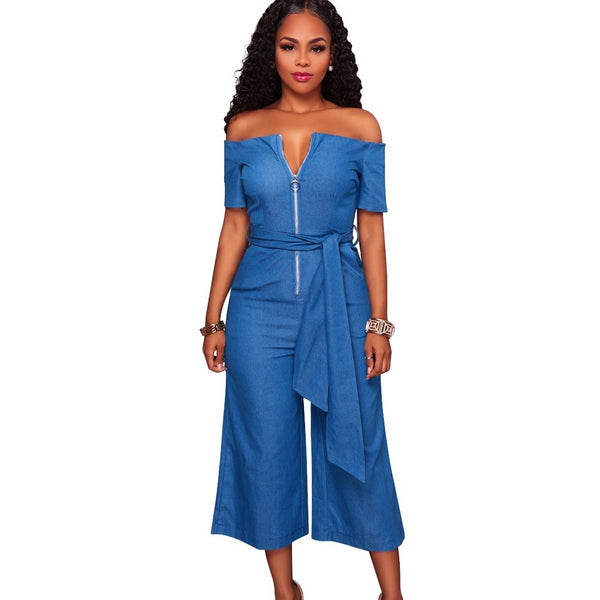 Women Off Shoulder Sexy Playsuit female Wide Leg Jumpsuit Slash Neck Zipper Front Belted High Waist Playsuit Rompers Denim Jeans