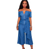 Women Off Shoulder Sexy Playsuit female Wide Leg Jumpsuit Slash Neck Zipper Front Belted High Waist Playsuit Rompers Denim Jeans
