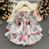 Women Off Shoulder Strap Dress Slash Neck Puff Sleeve Wide Leg Jumpsuits Summer Bohemian Print Vacation Short Playsuit