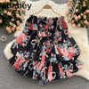 Women Off Shoulder Strap Dress Slash Neck Puff Sleeve Wide Leg Jumpsuits Summer Bohemian Print Vacation Short Playsuit