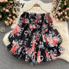 Women Off Shoulder Strap Dress Slash Neck Puff Sleeve Wide Leg Jumpsuits Summer Bohemian Print Vacation Short Playsuit