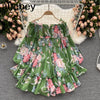 Women Off Shoulder Strap Dress Slash Neck Puff Sleeve Wide Leg Jumpsuits Summer Bohemian Print Vacation Short Playsuit