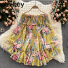 Women Off Shoulder Strap Dress Slash Neck Puff Sleeve Wide Leg Jumpsuits Summer Bohemian Print Vacation Short Playsuit