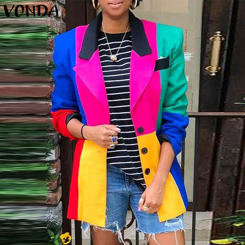 Women Office Blazer VONDA 2022 Y2K Long Sleeve Button Up Casual Coats Vintage Color-block Kaftan Loose Party Blazer