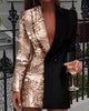 Women Office Dress Colorblock Patchwork Long Sleeve Blazer Dress V Neck Sequins Double Breasted Blazer Dress