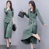 Women Office Lady Solid Outwear Loose Elegant Belt Blazer + High Waist PleatedA-Line Skirt Suit Spring Autumn 2 Pieces Sets