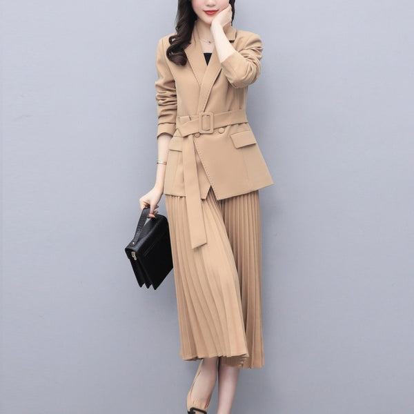 Women Office Lady Solid Outwear Loose Elegant Belt Blazer + High Waist PleatedA-Line Skirt Suit Spring Autumn 2 Pieces Sets