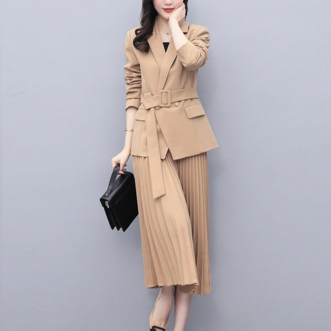 Women Office Lady Solid Outwear Loose Elegant Belt Blazer + High Waist PleatedA-Line Skirt Suit Spring Autumn 2 Pieces Sets