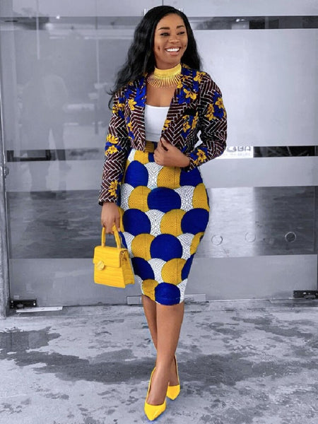 Women Office Suits With Skirts African Female Blazer Sets Clothes Long Sleeve Cardigans Tops Skirts 2 Pieces Set Костюмы с юбкой