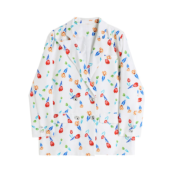 Women Oil Painting Printed Blazer Lapel Double Breasted Long Sleeve Pocket Loose Jacket 2023 Autumn Casaco Feminino