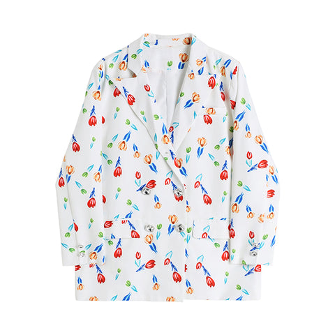 Women Oil Painting Printed Blazer Lapel Double Breasted Long Sleeve Pocket Loose Jacket 2023 Autumn Casaco Feminino