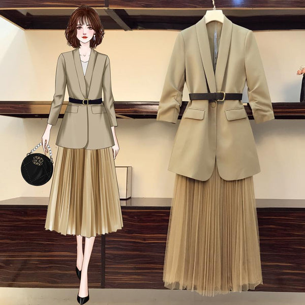 Women Oversized Long Coat Suit Mesh Skirt Two Piece Set 2022 spring summer Female Elegant Solid Blazer Dress Suits with Belt