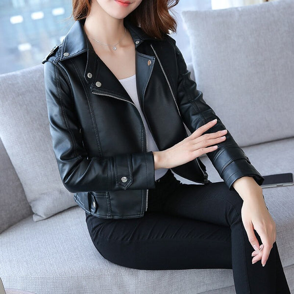 Women PU Leather Coat Blazer Long Sleeve Lapel Zipper Jacket Outerwear Short Clothes for Female Ladies Spring Autumn New