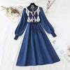 Women Patchwork Knitted Dress Spring Casual O Neck Long Sleeve A-line Dress Single-breasted Sweater Dresses Bandage Vestidos