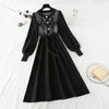 Women Patchwork Knitted Dress Spring Casual O Neck Long Sleeve A-line Dress Single-breasted Sweater Dresses Bandage Vestidos