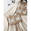 Women Patchwork Knitted Dress Spring Casual O Neck Long Sleeve A-line Dress Single-breasted Sweater Dresses Bandage Vestidos