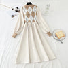 Women Patchwork Knitted Dress Spring Casual O Neck Long Sleeve A-line Dress Single-breasted Sweater Dresses Bandage Vestidos