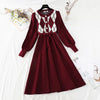 Women Patchwork Knitted Dress Spring Casual O Neck Long Sleeve A-line Dress Single-breasted Sweater Dresses Bandage Vestidos
