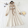 Women Patchwork Knitted Dress Spring Casual O Neck Long Sleeve A-line Dress Single-breasted Sweater Dresses Bandage Vestidos