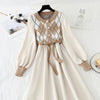 Women Patchwork Knitted Dress Spring Casual O Neck Long Sleeve A-line Dress Single-breasted Sweater Dresses Bandage Vestidos