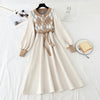 Women Patchwork Knitted Dress Spring Casual O Neck Long Sleeve A-line Dress Single-breasted Sweater Dresses Bandage Vestidos