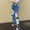 Women Patterned Patchwork Jeans 2022 Autumn Loose Wide Leg Pants Pockets Mopping Trousers