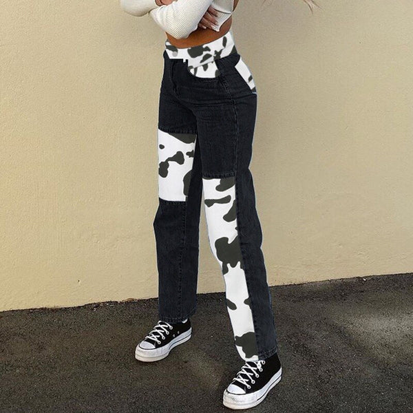 Women Patterned Patchwork Jeans 2022 Autumn Loose Wide Leg Pants Pockets Mopping Trousers