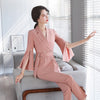 Women Pink Blazer Lapel Long Flare Sleeve Slim Fit Jacket Spring Summer 2023 Chic Office Ladies Tops With Belt