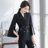 Women Pink Blazer Lapel Long Flare Sleeve Slim Fit Jacket Spring Summer 2023 Chic Office Ladies Tops With Belt