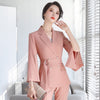 Women Pink Blazer Lapel Long Flare Sleeve Slim Fit Jacket Spring Summer 2023 Chic Office Ladies Tops With Belt
