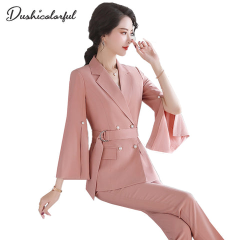 Women Pink Blazer Lapel Long Flare Sleeve Slim Fit Jacket Spring Summer 2023 Chic Office Ladies Tops With Belt