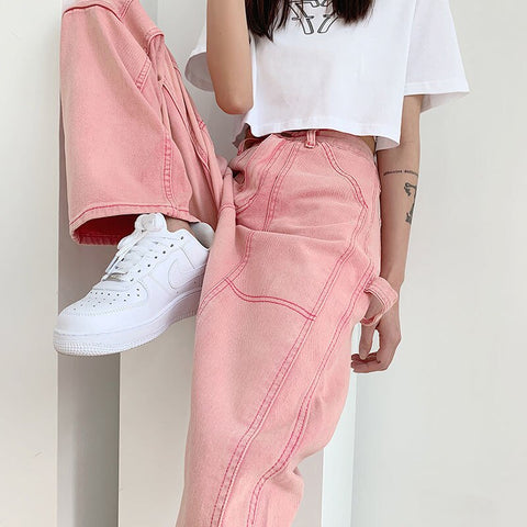 Women Pink Jeans Denim Long Pants Autumn Cowboy Female Loose Streetwear High Waist Women Trousers Wide Leg Jean