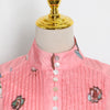 Women Pink Two Pieces Set Short Dress Ladies Stitching Stand Collar Lace-up Printing Long Sleeve Single Breasted Mini Robe