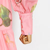 Women Pink Two Pieces Set Short Dress Ladies Stitching Stand Collar Lace-up Printing Long Sleeve Single Breasted Mini Robe