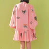 Women Pink Two Pieces Set Short Dress Ladies Stitching Stand Collar Lace-up Printing Long Sleeve Single Breasted Mini Robe