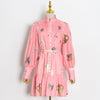Women Pink Two Pieces Set Short Dress Ladies Stitching Stand Collar Lace-up Printing Long Sleeve Single Breasted Mini Robe