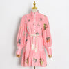 Women Pink Two Pieces Set Short Dress Ladies Stitching Stand Collar Lace-up Printing Long Sleeve Single Breasted Mini Robe