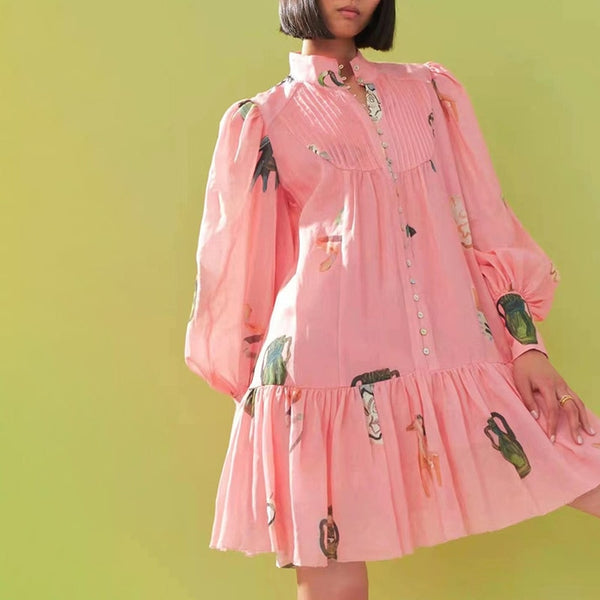 Women Pink Two Pieces Set Short Dress Ladies Stitching Stand Collar Lace-up Printing Long Sleeve Single Breasted Mini Robe