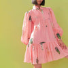 Women Pink Two Pieces Set Short Dress Ladies Stitching Stand Collar Lace-up Printing Long Sleeve Single Breasted Mini Robe